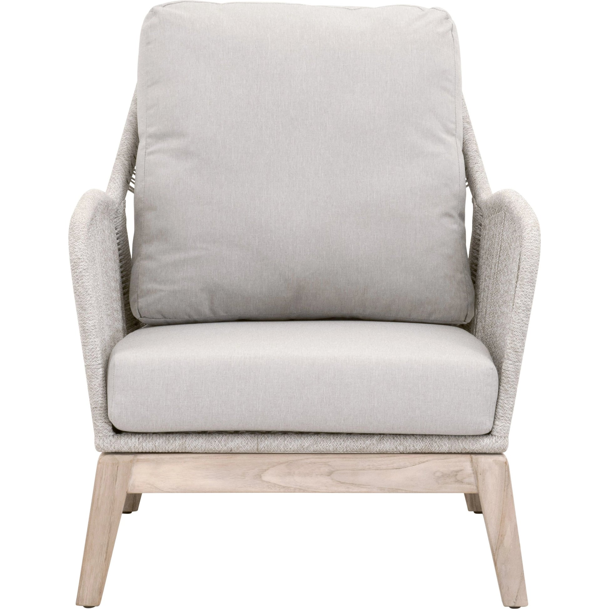Loom Club Chair by Essentials For Living in gray teak, taupe, white flat rope, performance pumice. Made from solid teak wood, aluminum, 100% polyolefin rope, 100% olefin fabric, foam in a coastal style.