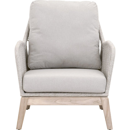 Loom Club Chair by Essentials For Living in gray teak, taupe, white flat rope, performance pumice. Made from solid teak wood, aluminum, 100% polyolefin rope, 100% olefin fabric, foam in a coastal style.