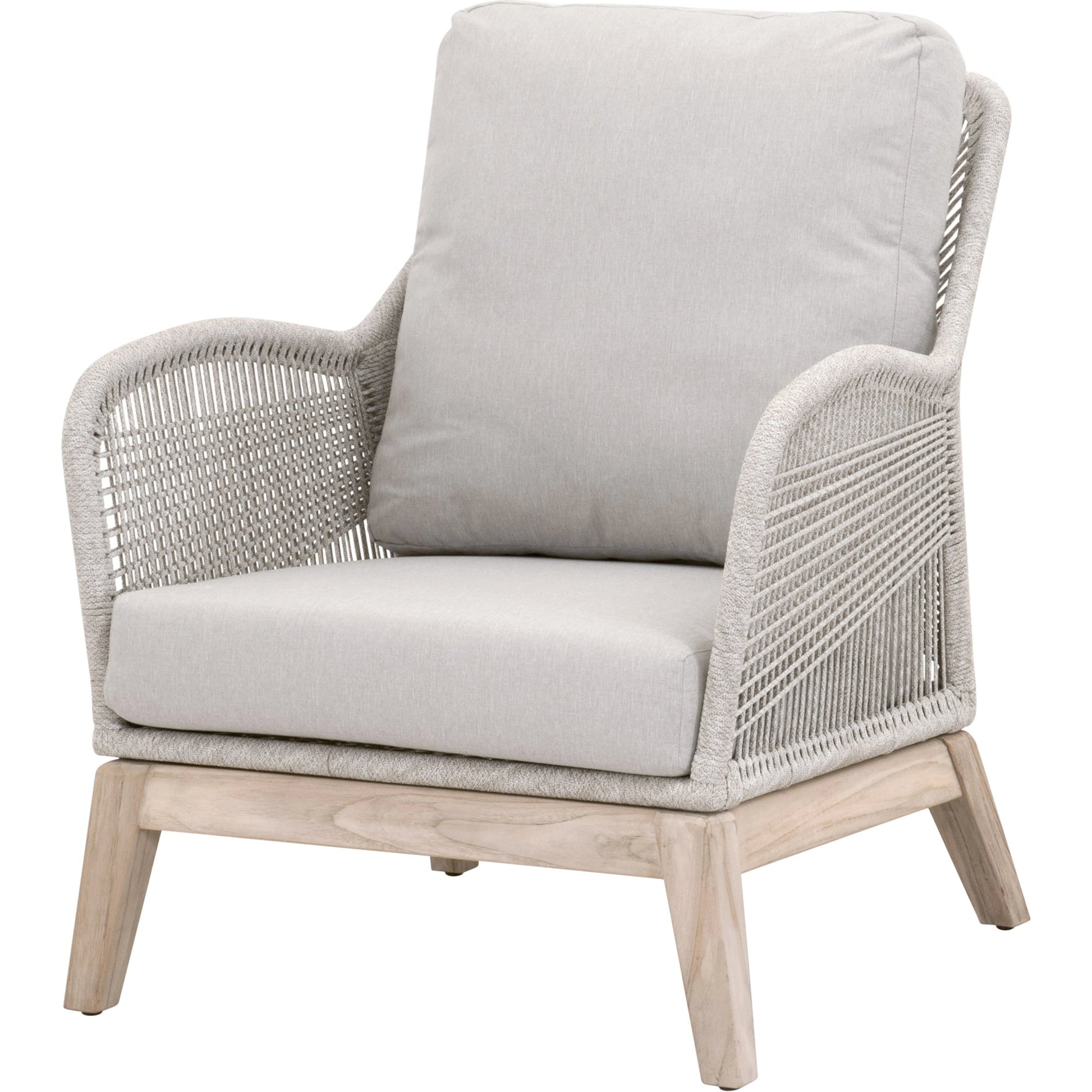 Loom Club Chair by Essentials For Living in gray teak, taupe, white flat rope, performance pumice. Made from solid teak wood, aluminum, 100% polyolefin rope, 100% olefin fabric, foam in a coastal style.