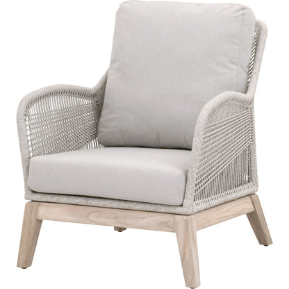 Loom Club Chair by Essentials For Living in gray teak, taupe, white flat rope, performance pumice. Made from solid teak wood, aluminum, 100% polyolefin rope, 100% olefin fabric, foam in a coastal style.