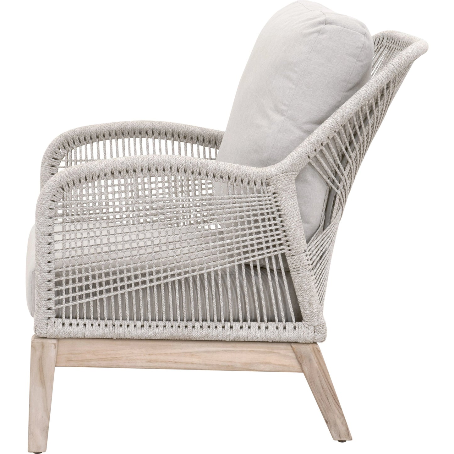 003 SI-2021723 | Additional Silo | Loom Club Chair by Essentials For Living in gray teak, taupe, white flat rope, performance pumice. Made from solid teak wood, aluminum, 100% polyolefin rope, 100% olefin fabric, foam in a coastal style.