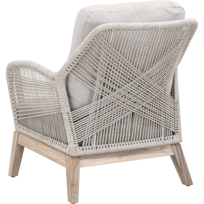 Loom Club Chair by Essentials For Living in gray teak, taupe, white flat rope, performance pumice. Made from solid teak wood, aluminum, 100% polyolefin rope, 100% olefin fabric, foam in a coastal style.