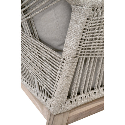Loom Club Chair by Essentials For Living in gray teak, taupe, white flat rope, performance pumice. Made from solid teak wood, aluminum, 100% polyolefin rope, 100% olefin fabric, foam in a coastal style.