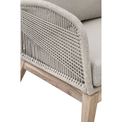 Loom Club Chair by Essentials For Living in gray teak, taupe, white flat rope, performance pumice. Made from solid teak wood, aluminum, 100% polyolefin rope, 100% olefin fabric, foam in a coastal style.