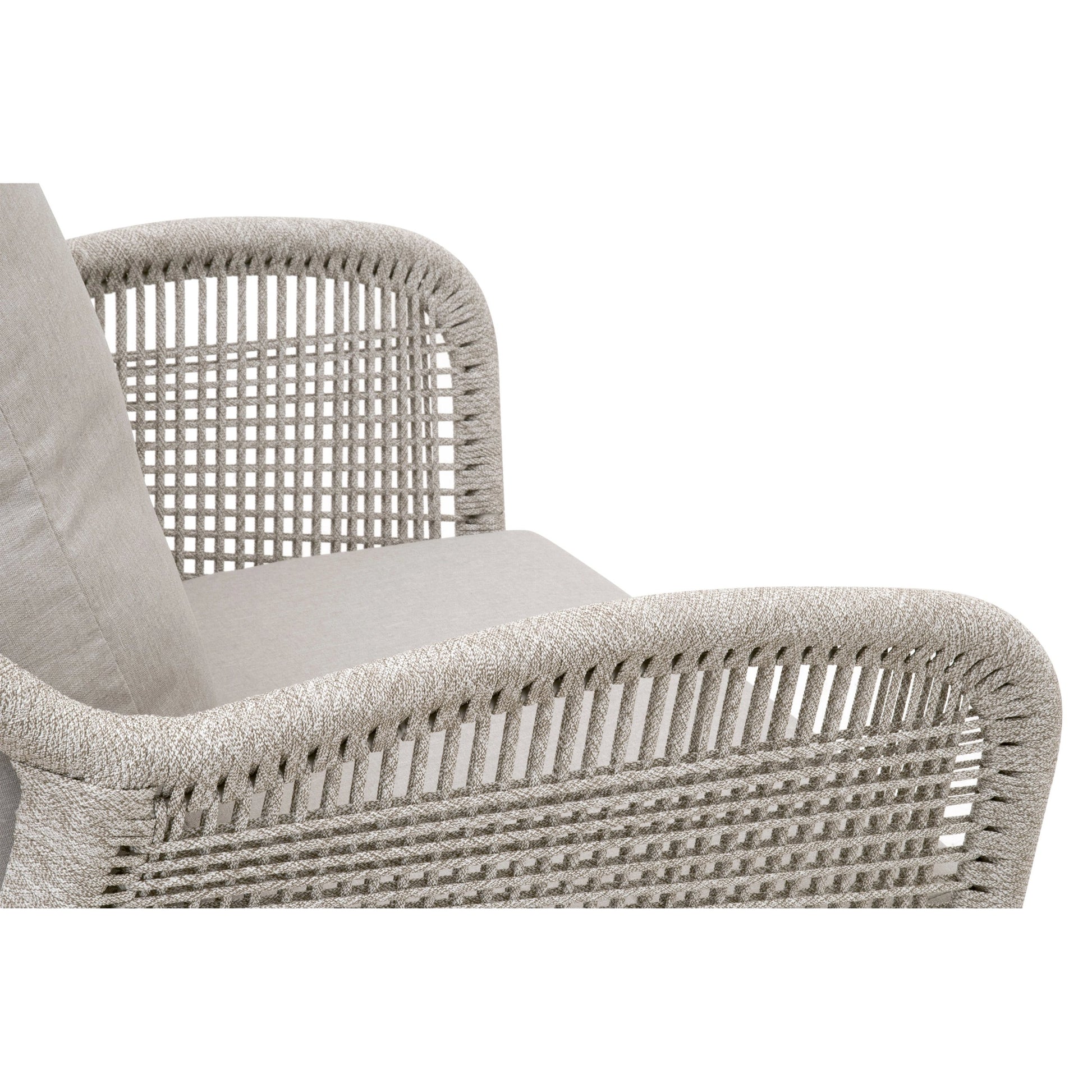 Loom Club Chair by Essentials For Living in gray teak, taupe, white flat rope, performance pumice. Made from solid teak wood, aluminum, 100% polyolefin rope, 100% olefin fabric, foam in a coastal style.