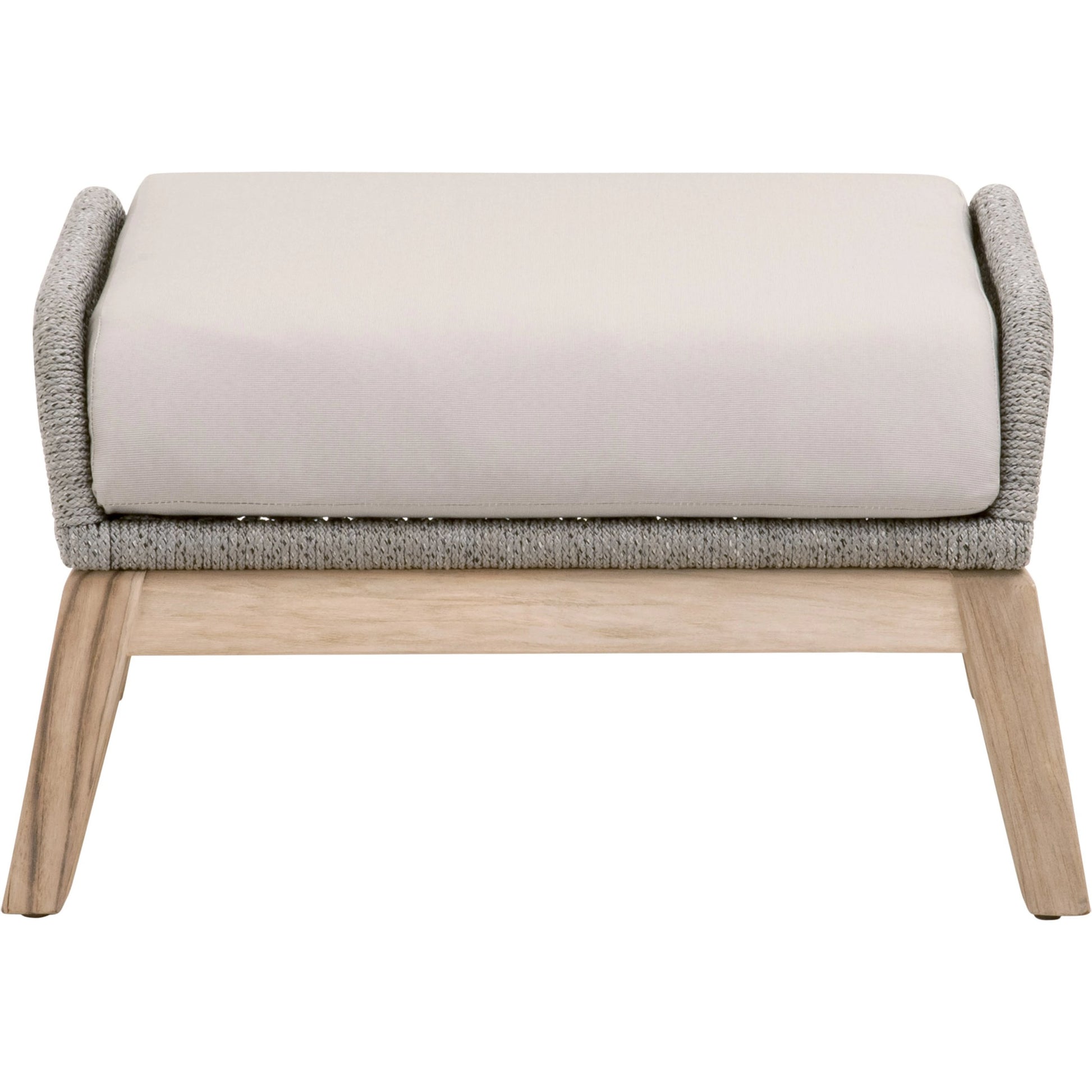 Loom Footstool by Essentials For Living in gray teak, taupe, white flat rope, performance pumice. Made from solid teak wood, aluminum, 100% polyolefin rope, 100% olefin fabric, foam in a coastal style.