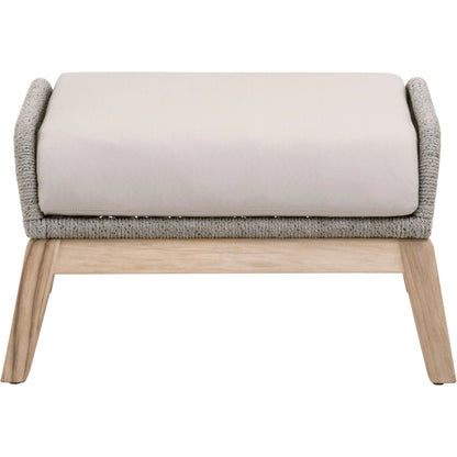 Loom Footstool by Essentials For Living in gray teak, taupe, white flat rope, performance pumice. Made from solid teak wood, aluminum, 100% polyolefin rope, 100% olefin fabric, foam in a coastal style.