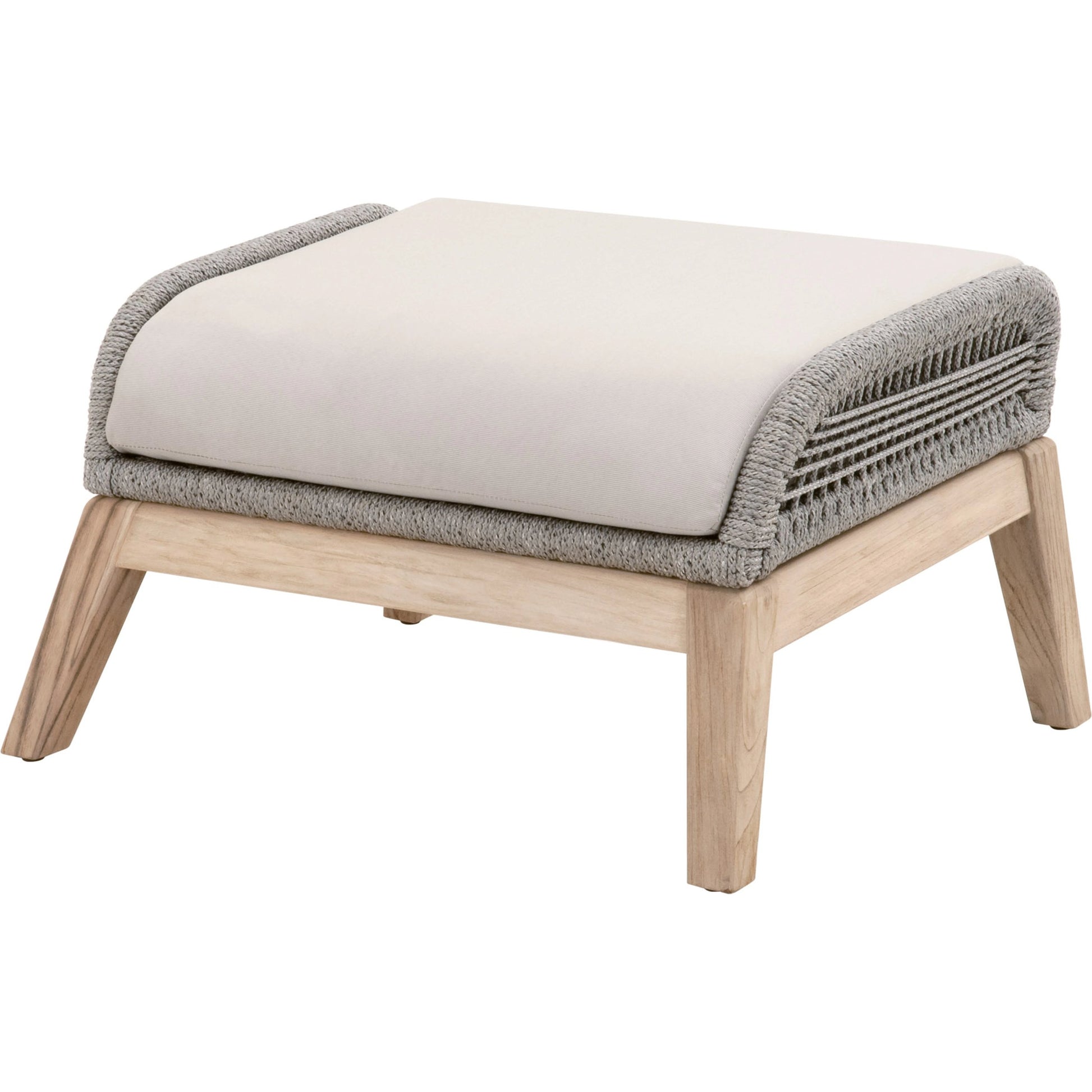 Loom Footstool by Essentials For Living in gray teak, taupe, white flat rope, performance pumice. Made from solid teak wood, aluminum, 100% polyolefin rope, 100% olefin fabric, foam in a coastal style.
