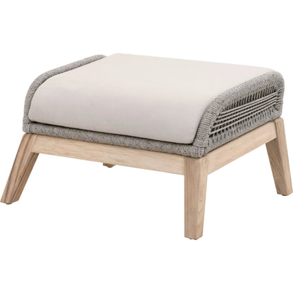 Loom Footstool by Essentials For Living in gray teak, taupe, white flat rope, performance pumice. Made from solid teak wood, aluminum, 100% polyolefin rope, 100% olefin fabric, foam in a coastal style.