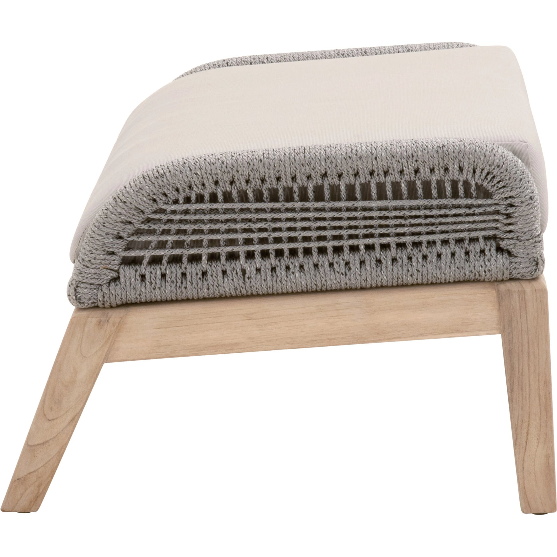 Loom Footstool by Essentials For Living in gray teak, taupe, white flat rope, performance pumice. Made from solid teak wood, aluminum, 100% polyolefin rope, 100% olefin fabric, foam in a coastal style.