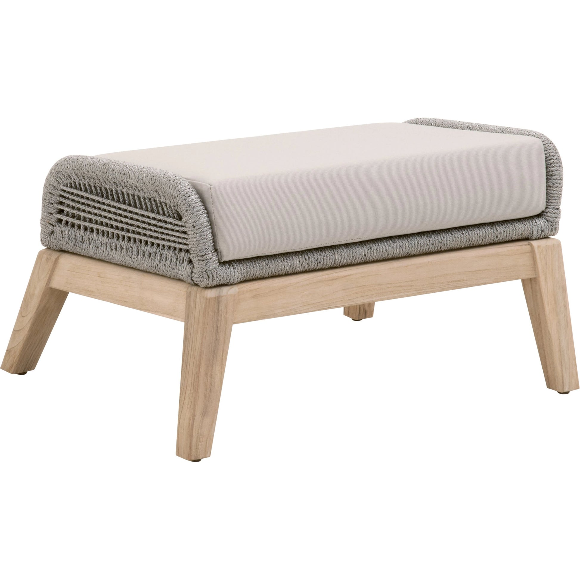 Loom Footstool by Essentials For Living in gray teak, taupe, white flat rope, performance pumice. Made from solid teak wood, aluminum, 100% polyolefin rope, 100% olefin fabric, foam in a coastal style.