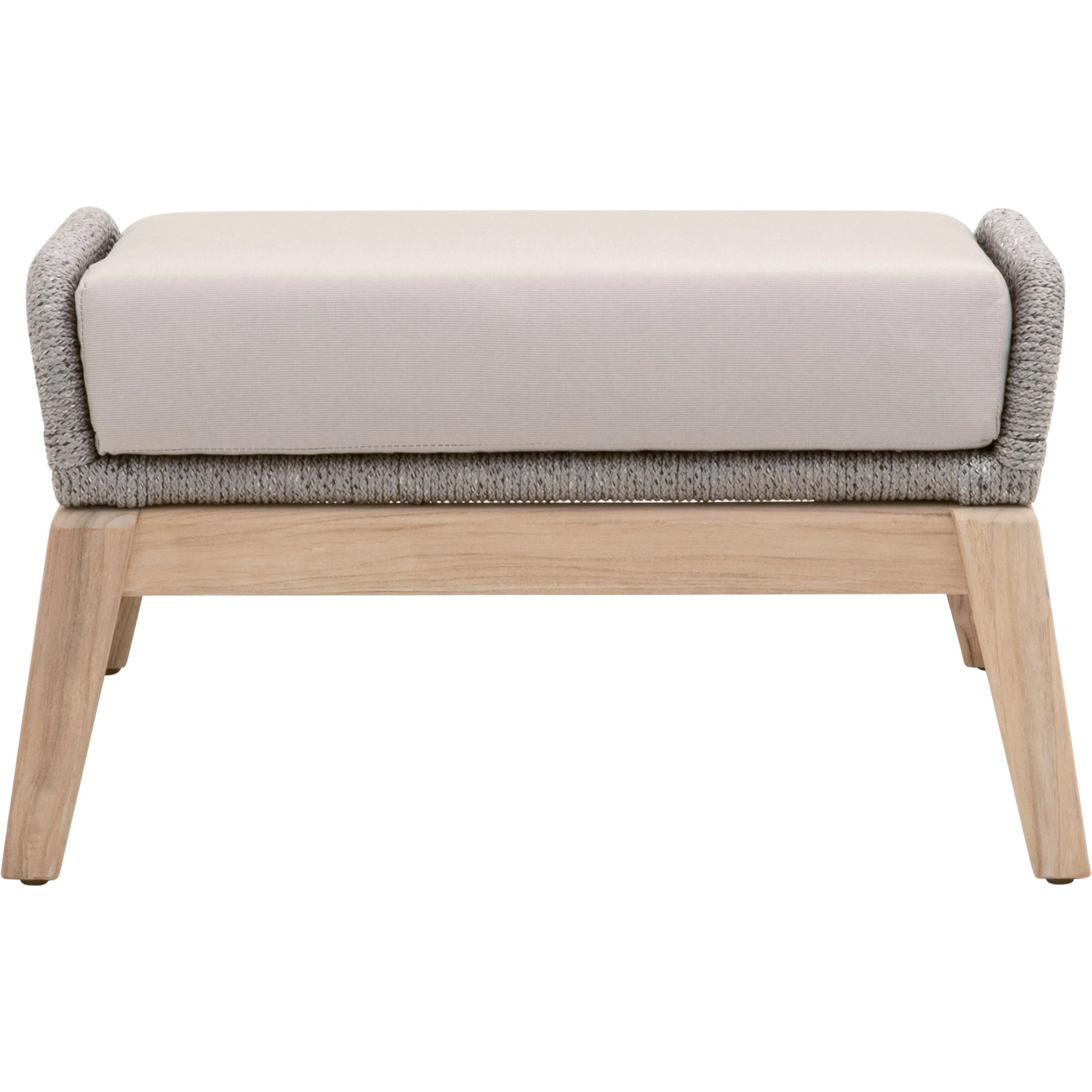 Loom Footstool by Essentials For Living in gray teak, taupe, white flat rope, performance pumice. Made from solid teak wood, aluminum, 100% polyolefin rope, 100% olefin fabric, foam in a coastal style.