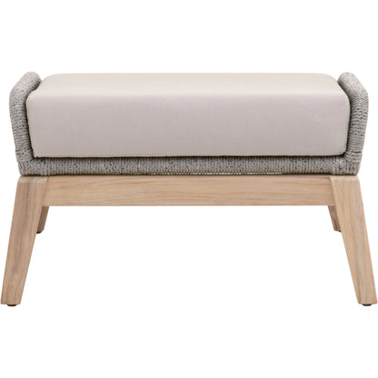 Loom Footstool by Essentials For Living in gray teak, taupe, white flat rope, performance pumice. Made from solid teak wood, aluminum, 100% polyolefin rope, 100% olefin fabric, foam in a coastal style.