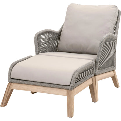 Loom Footstool by Essentials For Living in gray teak, taupe, white flat rope, performance pumice. Made from solid teak wood, aluminum, 100% polyolefin rope, 100% olefin fabric, foam in a coastal style.