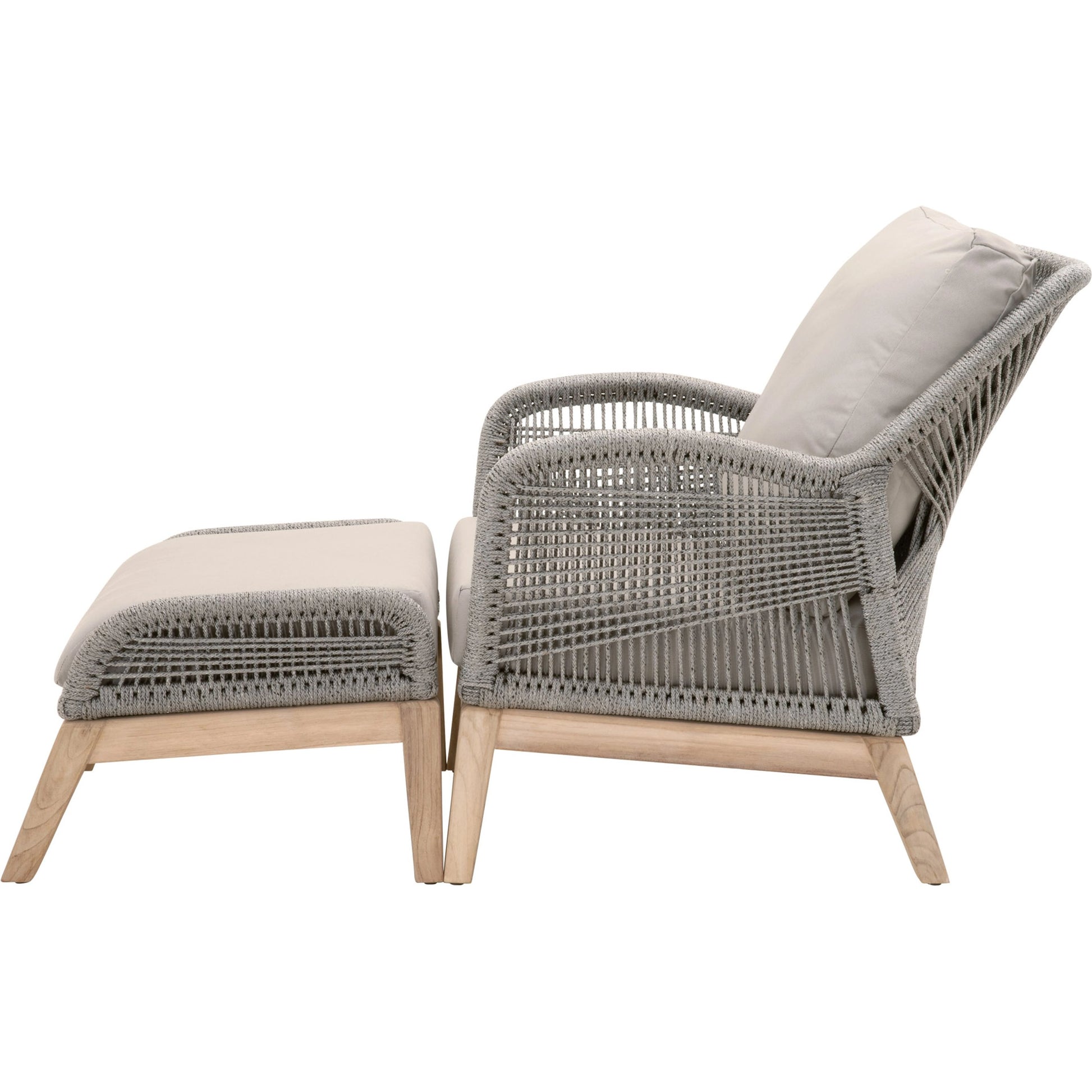 Loom Footstool by Essentials For Living in gray teak, taupe, white flat rope, performance pumice. Made from solid teak wood, aluminum, 100% polyolefin rope, 100% olefin fabric, foam in a coastal style.