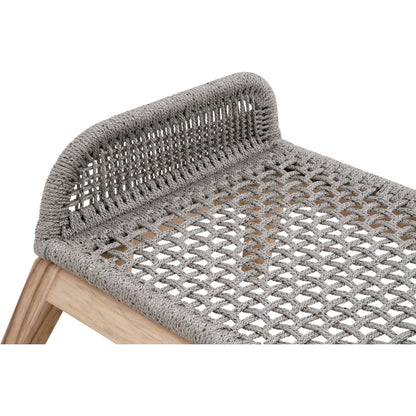 Loom Footstool by Essentials For Living in gray teak, taupe, white flat rope, performance pumice. Made from solid teak wood, aluminum, 100% polyolefin rope, 100% olefin fabric, foam in a coastal style.