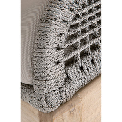 Loom Footstool by Essentials For Living in gray teak, taupe, white flat rope, performance pumice. Made from solid teak wood, aluminum, 100% polyolefin rope, 100% olefin fabric, foam in a coastal style.