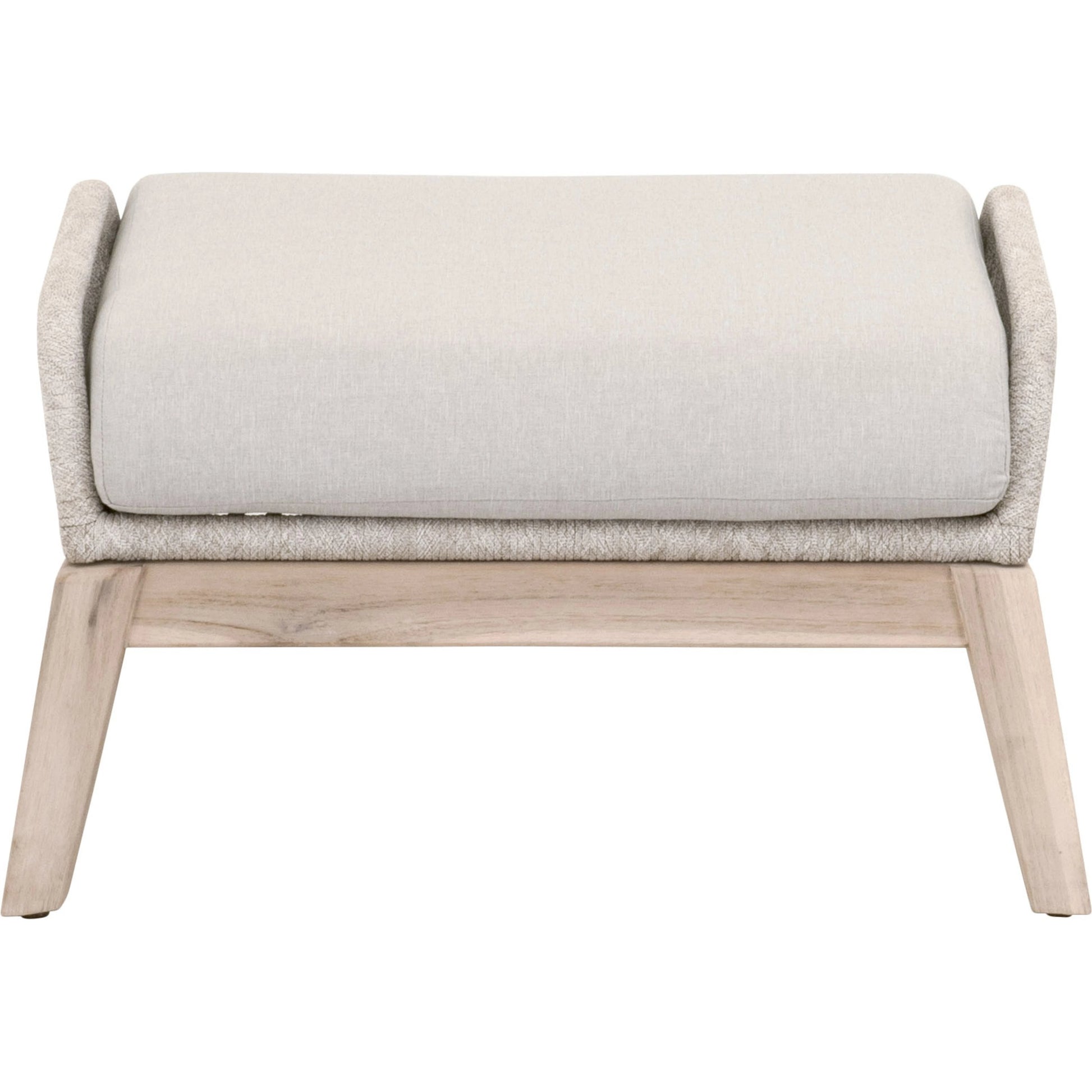 Loom Footstool by Essentials For Living in gray teak, taupe, white flat rope, performance pumice. Made from solid teak wood, aluminum, 100% polyolefin rope, 100% olefin fabric, foam in a coastal style.