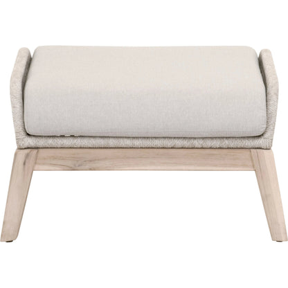 Loom Footstool by Essentials For Living in gray teak, taupe, white flat rope, performance pumice. Made from solid teak wood, aluminum, 100% polyolefin rope, 100% olefin fabric, foam in a coastal style.