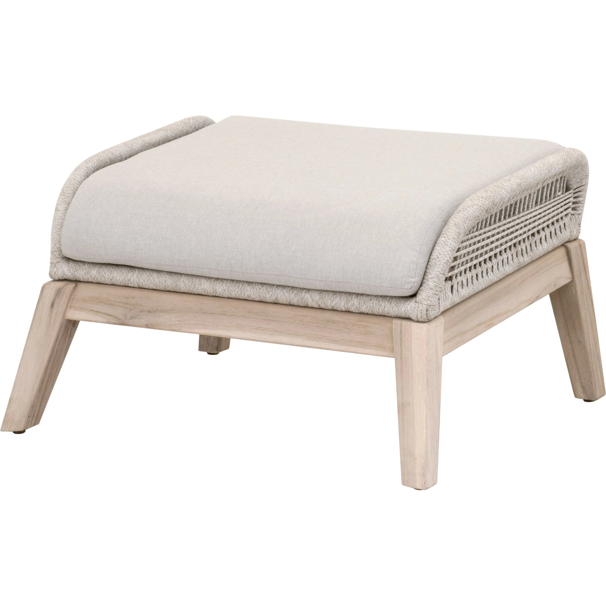 Loom Footstool by Essentials For Living in gray teak, taupe, white flat rope, performance pumice. Made from solid teak wood, aluminum, 100% polyolefin rope, 100% olefin fabric, foam in a coastal style.