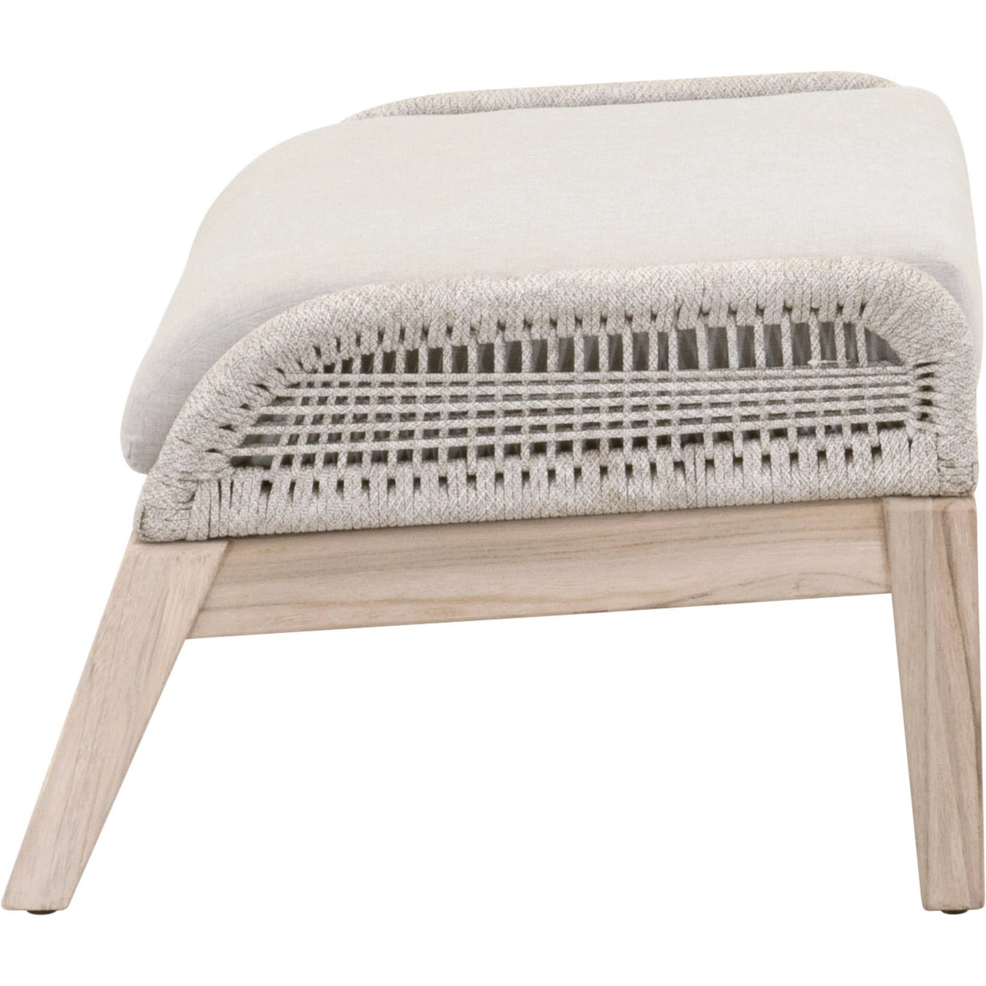Loom Footstool by Essentials For Living in gray teak, taupe, white flat rope, performance pumice. Made from solid teak wood, aluminum, 100% polyolefin rope, 100% olefin fabric, foam in a coastal style.