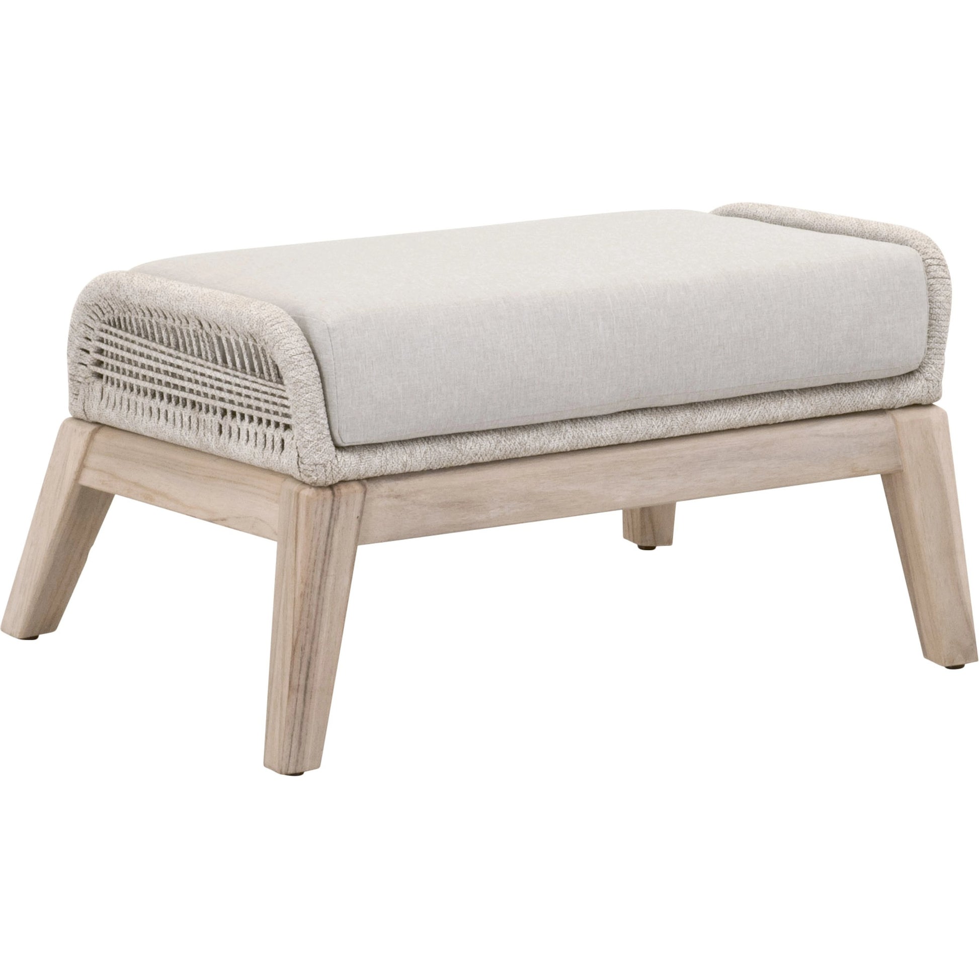 Loom Footstool by Essentials For Living in gray teak, taupe, white flat rope, performance pumice. Made from solid teak wood, aluminum, 100% polyolefin rope, 100% olefin fabric, foam in a coastal style.