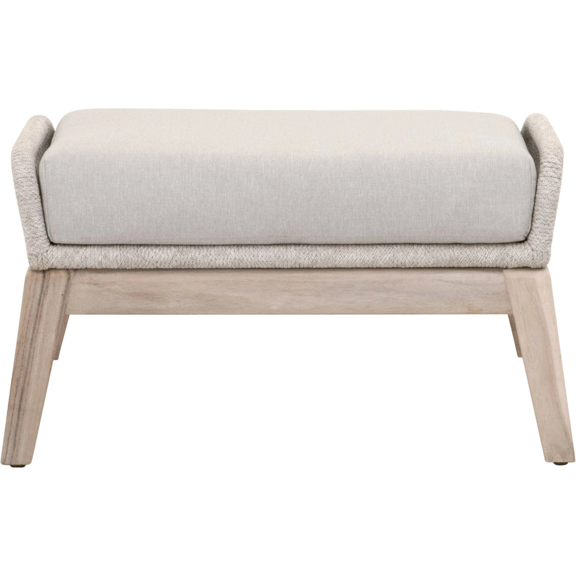 Loom Footstool by Essentials For Living in gray teak, taupe, white flat rope, performance pumice. Made from solid teak wood, aluminum, 100% polyolefin rope, 100% olefin fabric, foam in a coastal style.