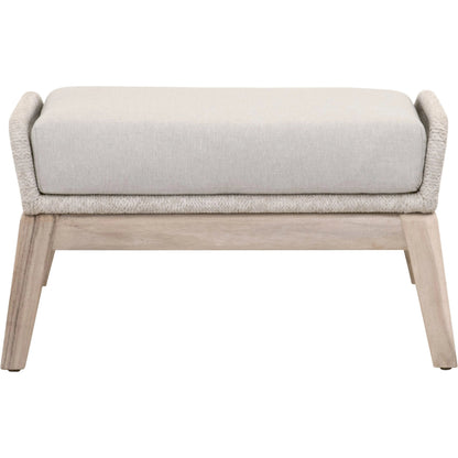 Loom Footstool by Essentials For Living in gray teak, taupe, white flat rope, performance pumice. Made from solid teak wood, aluminum, 100% polyolefin rope, 100% olefin fabric, foam in a coastal style.