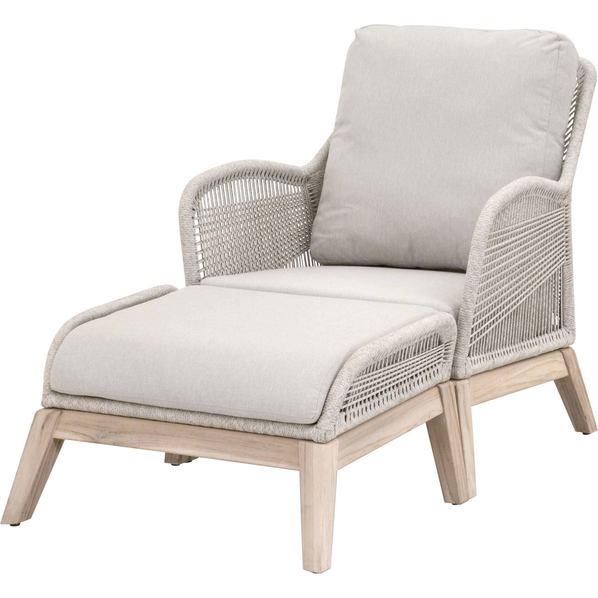 Loom Footstool by Essentials For Living in gray teak, taupe, white flat rope, performance pumice. Made from solid teak wood, aluminum, 100% polyolefin rope, 100% olefin fabric, foam in a coastal style.