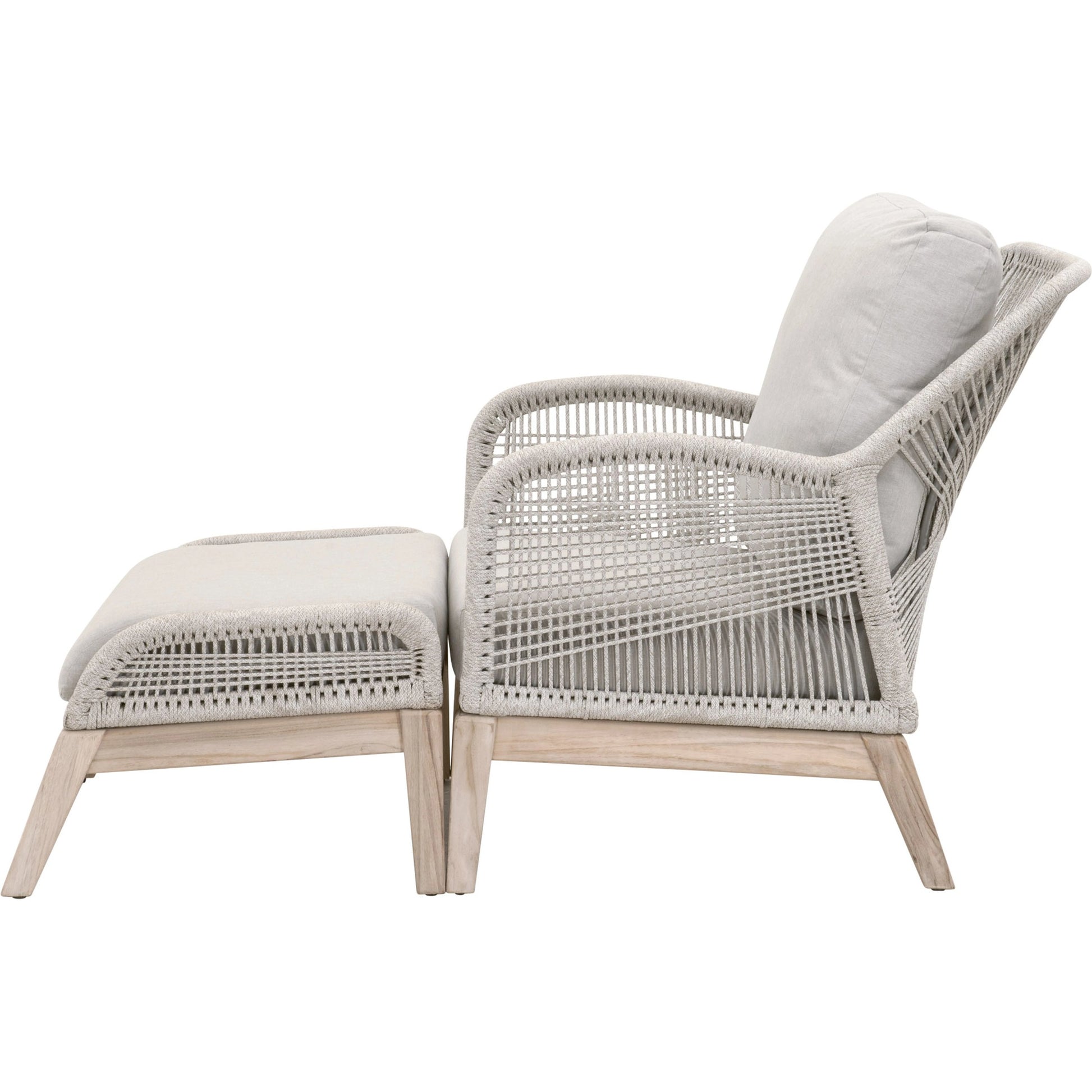 Loom Footstool by Essentials For Living in gray teak, taupe, white flat rope, performance pumice. Made from solid teak wood, aluminum, 100% polyolefin rope, 100% olefin fabric, foam in a coastal style.