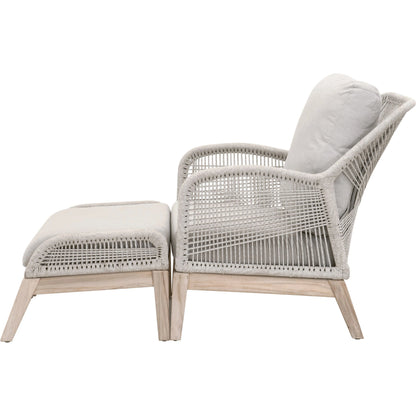 Loom Footstool by Essentials For Living in gray teak, taupe, white flat rope, performance pumice. Made from solid teak wood, aluminum, 100% polyolefin rope, 100% olefin fabric, foam in a coastal style.