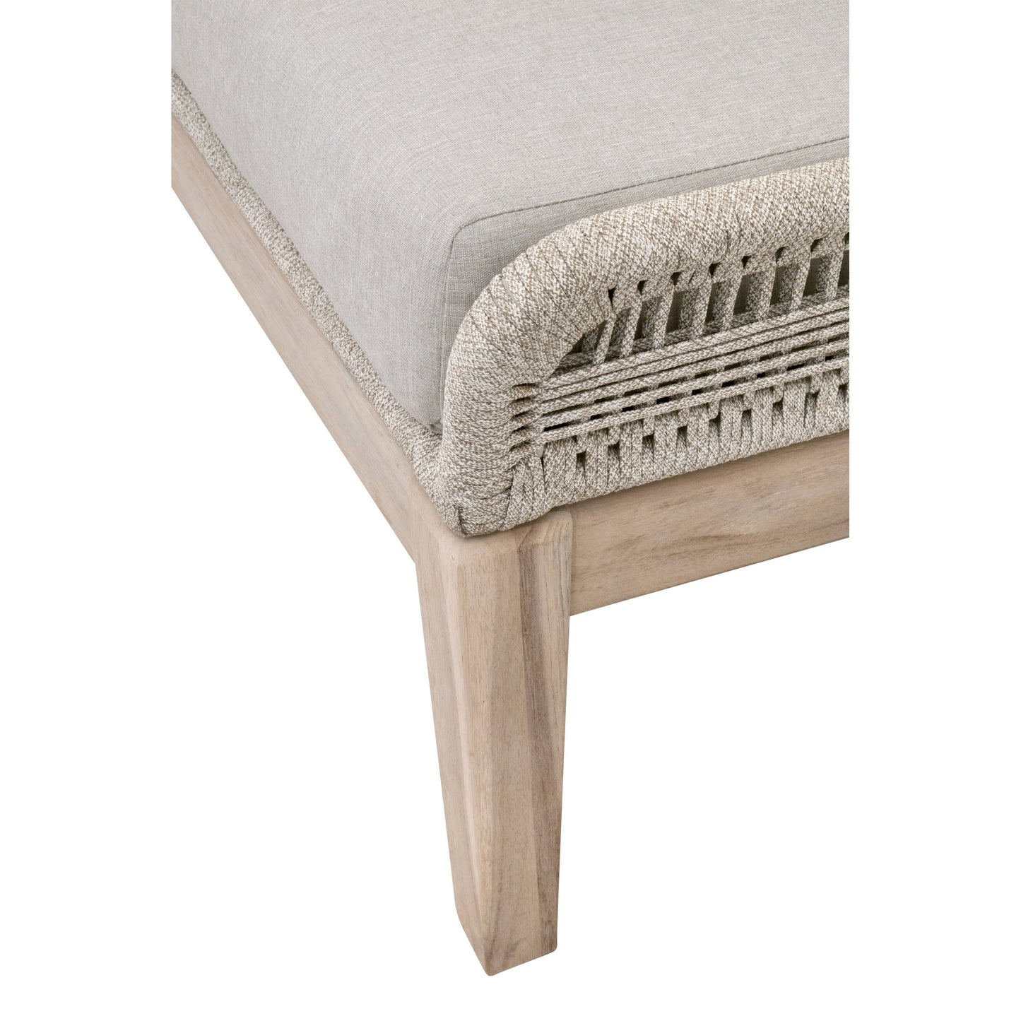 015 SI-2021724 | Closeup | Loom Footstool by Essentials For Living in gray teak, taupe, white flat rope, performance pumice. Made from solid teak wood, aluminum, 100% polyolefin rope, 100% olefin fabric, foam in a coastal style.