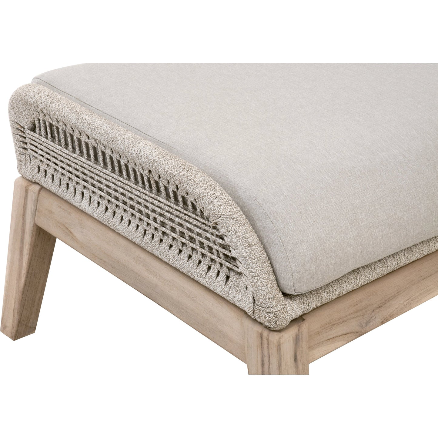014 SI-2021724 | Closeup | Loom Footstool by Essentials For Living in gray teak, taupe, white flat rope, performance pumice. Made from solid teak wood, aluminum, 100% polyolefin rope, 100% olefin fabric, foam in a coastal style.