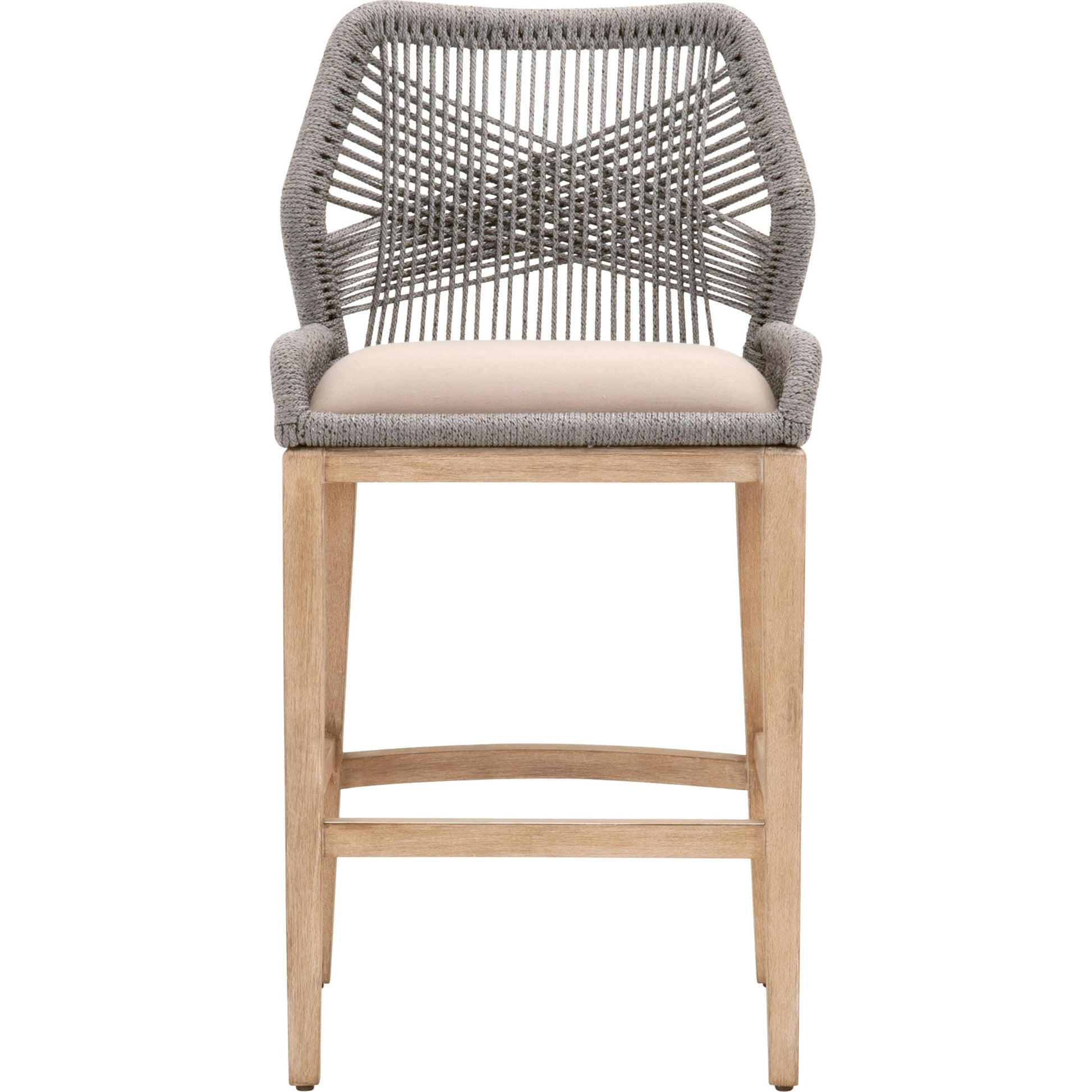Loom Barstool by Essentials For Living in taupe, white flat rope, natural gray mahogany, pumice fabric. Made from solid mahogany, 100% olefin rope, 100% olefin fabric in a coastal style.