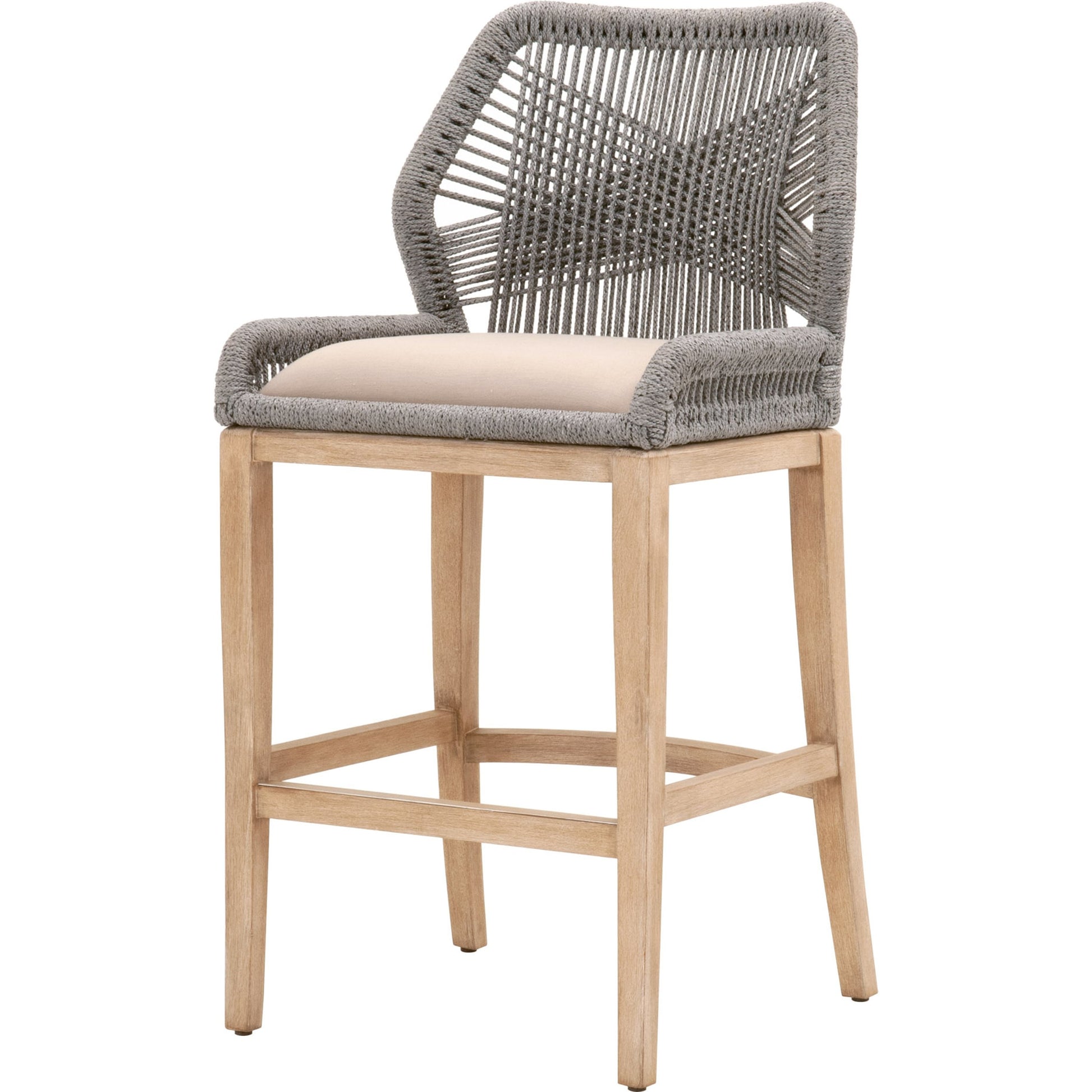 Loom Barstool by Essentials For Living in taupe, white flat rope, natural gray mahogany, pumice fabric. Made from solid mahogany, 100% olefin rope, 100% olefin fabric in a coastal style.