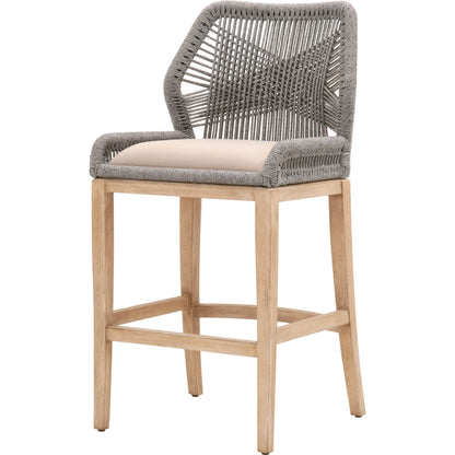 Loom Barstool by Essentials For Living in taupe, white flat rope, natural gray mahogany, pumice fabric. Made from solid mahogany, 100% olefin rope, 100% olefin fabric in a coastal style.