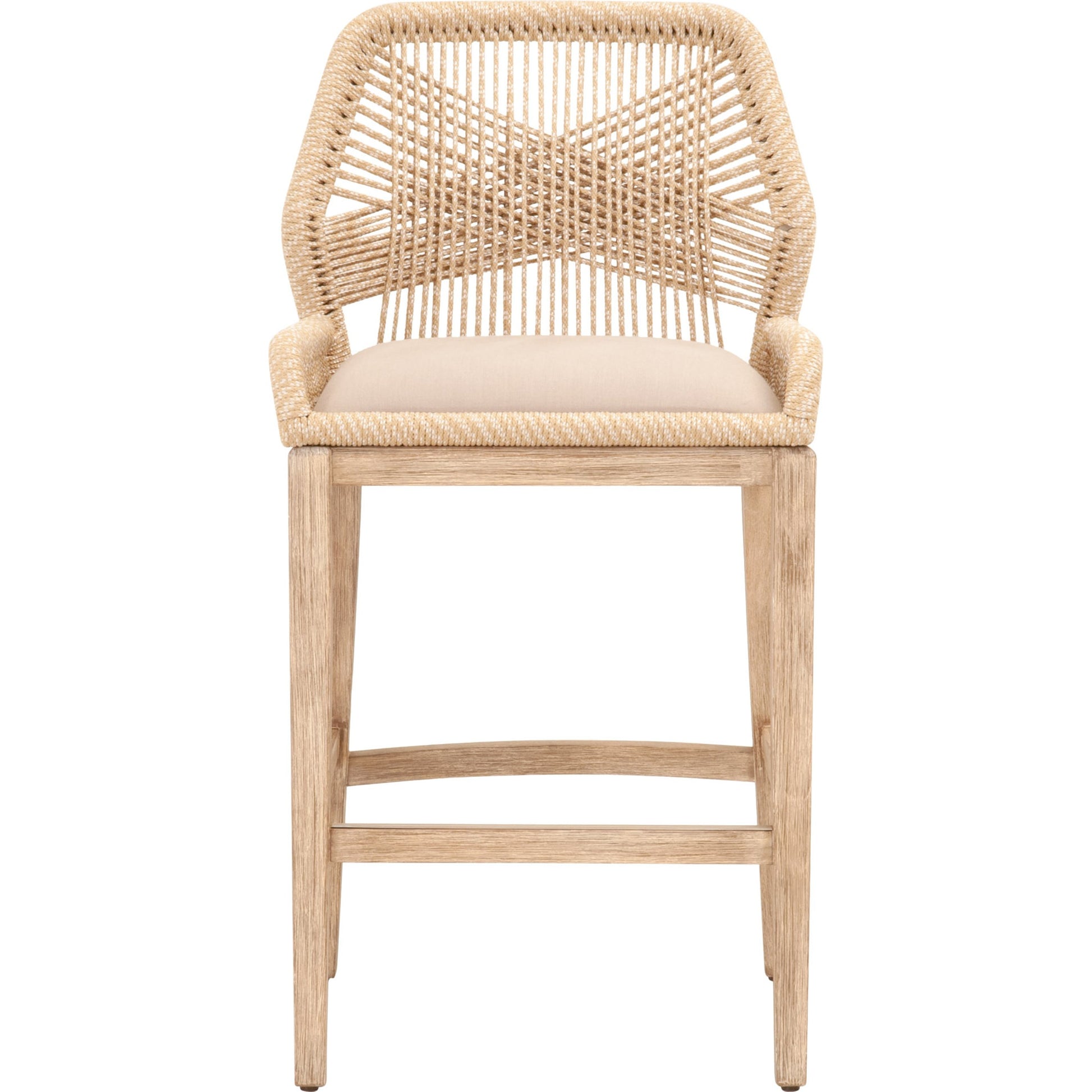 Loom Barstool by Essentials For Living in taupe, white flat rope, natural gray mahogany, pumice fabric. Made from solid mahogany, 100% olefin rope, 100% olefin fabric in a coastal style.