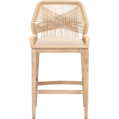 Loom Barstool by Essentials For Living in taupe, white flat rope, natural gray mahogany, pumice fabric. Made from solid mahogany, 100% olefin rope, 100% olefin fabric in a coastal style.