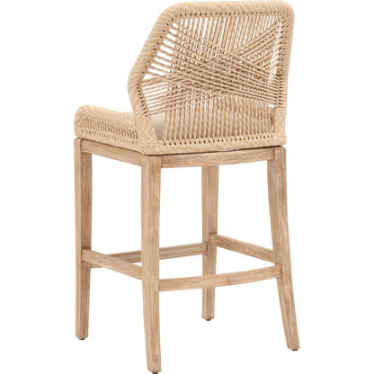 Loom Barstool by Essentials For Living in taupe, white flat rope, natural gray mahogany, pumice fabric. Made from solid mahogany, 100% olefin rope, 100% olefin fabric in a coastal style.
