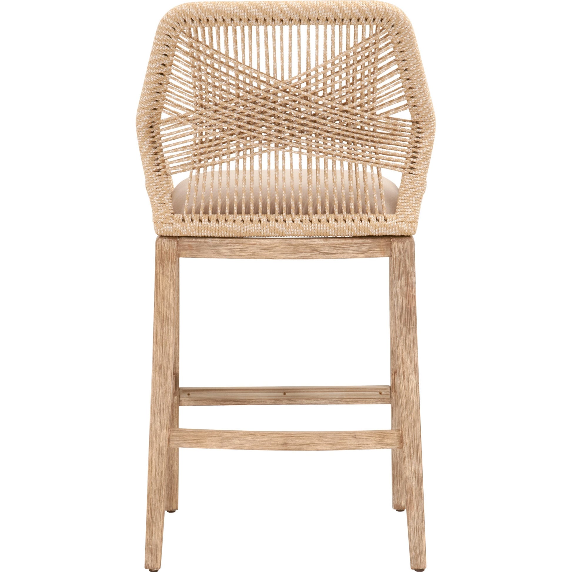 Loom Barstool by Essentials For Living in taupe, white flat rope, natural gray mahogany, pumice fabric. Made from solid mahogany, 100% olefin rope, 100% olefin fabric in a coastal style.