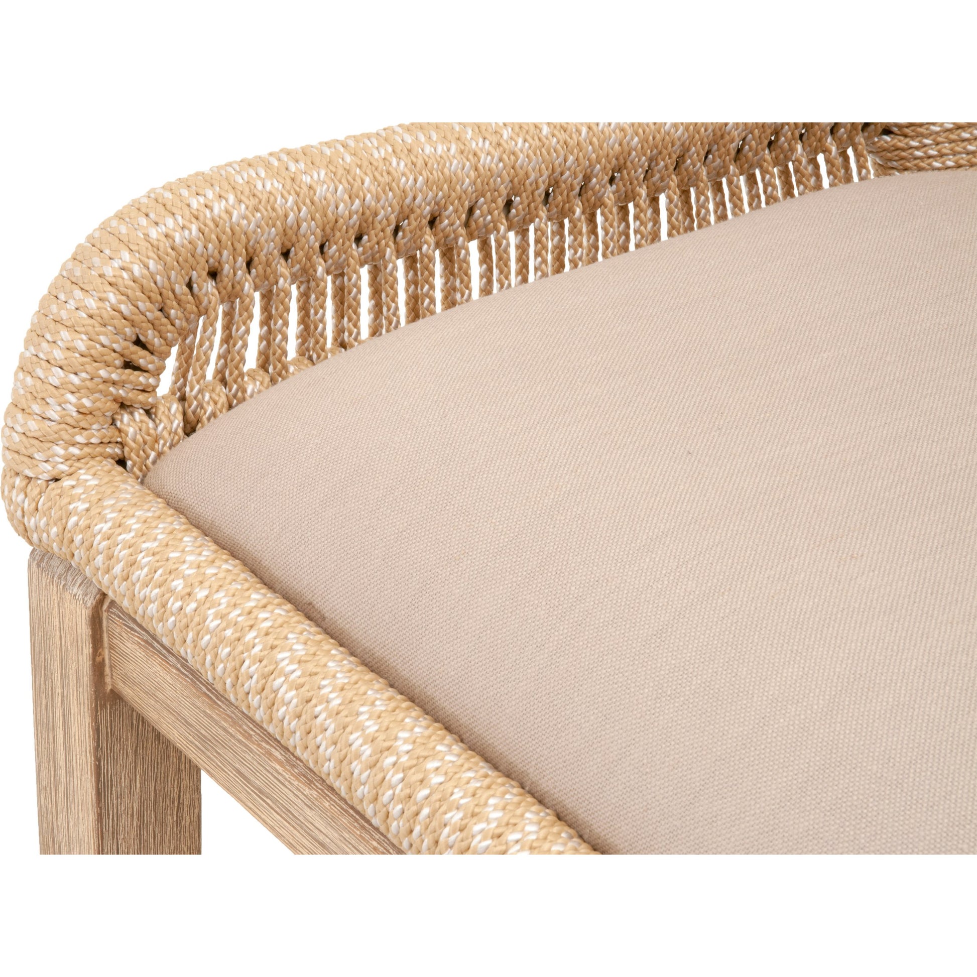 Loom Barstool by Essentials For Living in taupe, white flat rope, natural gray mahogany, pumice fabric. Made from solid mahogany, 100% olefin rope, 100% olefin fabric in a coastal style.