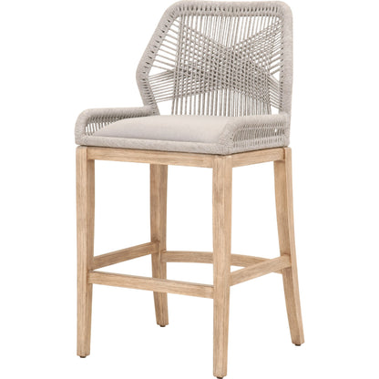 Loom Barstool by Essentials For Living in taupe, white flat rope, natural gray mahogany, pumice fabric. Made from solid mahogany, 100% olefin rope, 100% olefin fabric in a coastal style.