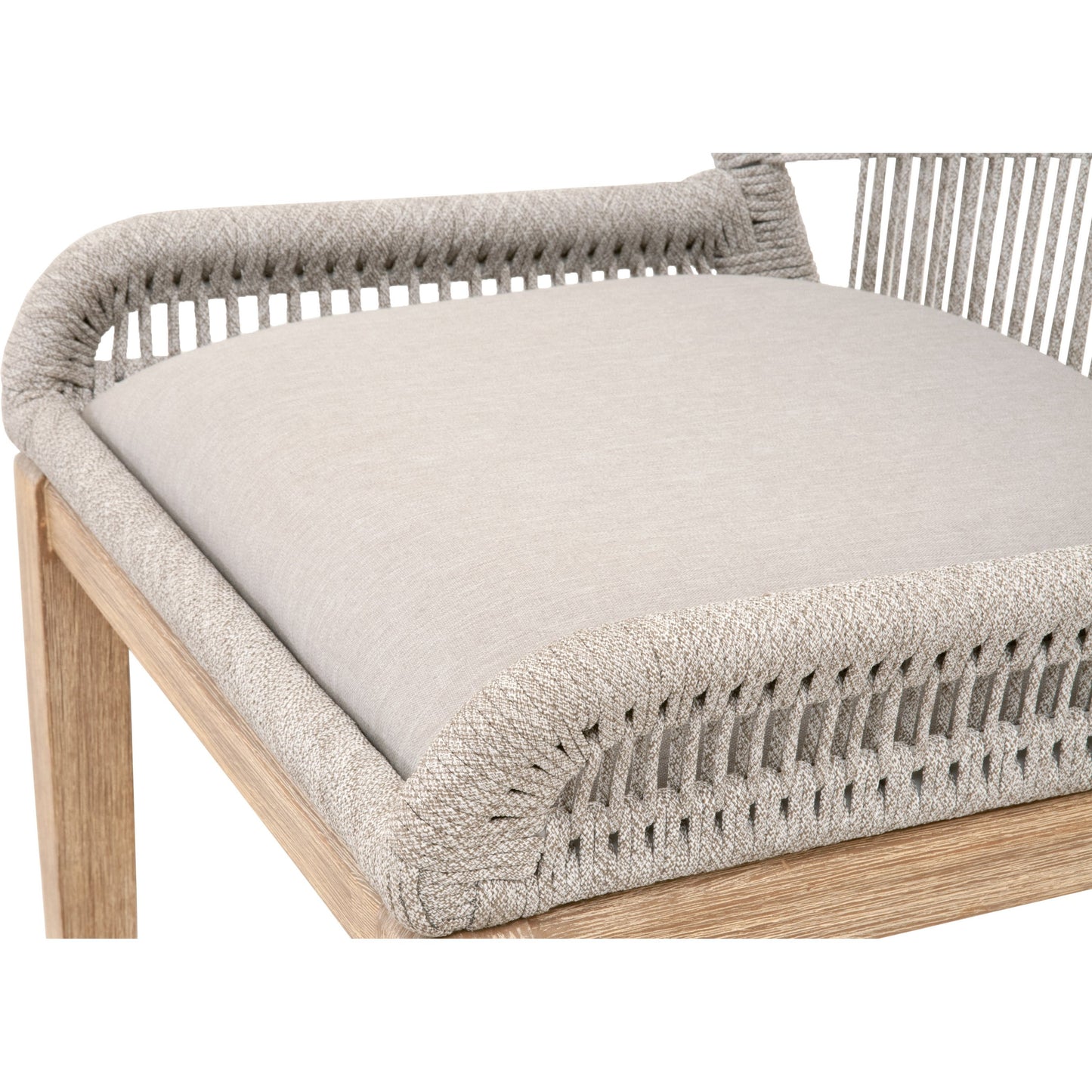 017 SR-387324 | Closeup | Loom Barstool by Essentials For Living in taupe, white flat rope, natural gray mahogany, pumice fabric. Made from solid mahogany, 100% olefin rope, 100% olefin fabric in a coastal style.