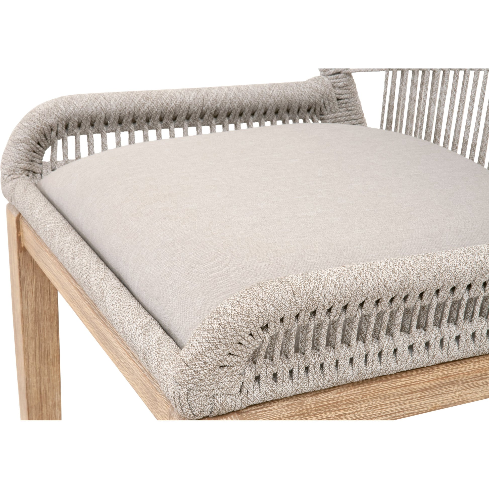 Loom Barstool by Essentials For Living in taupe, white flat rope, natural gray mahogany, pumice fabric. Made from solid mahogany, 100% olefin rope, 100% olefin fabric in a coastal style.