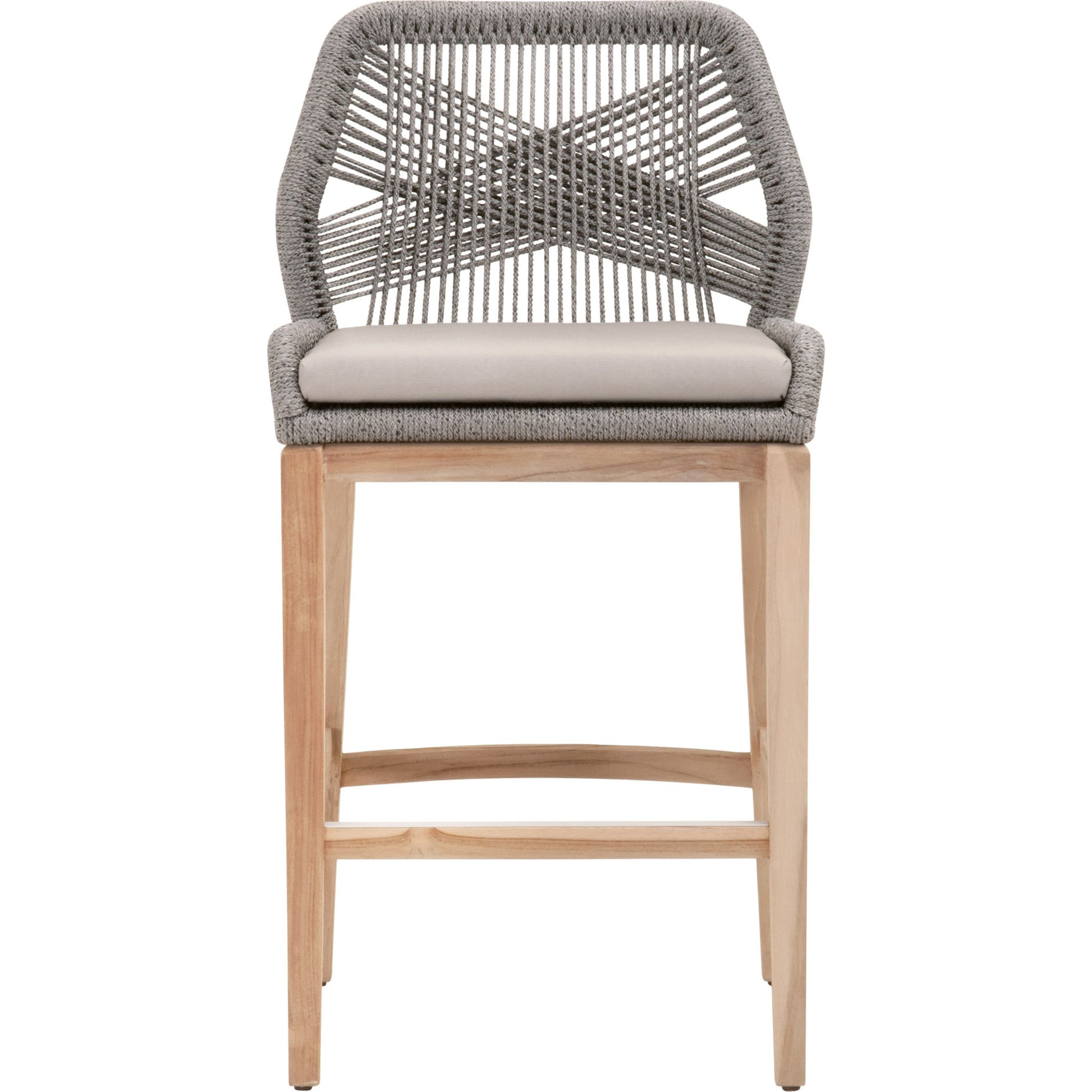 Loom Barstool by Essentials For Living in taupe, white flat rope, natural gray mahogany, pumice fabric. Made from solid mahogany, 100% olefin rope, 100% olefin fabric in a coastal style.