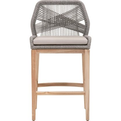 Loom Barstool by Essentials For Living in taupe, white flat rope, natural gray mahogany, pumice fabric. Made from solid mahogany, 100% olefin rope, 100% olefin fabric in a coastal style.