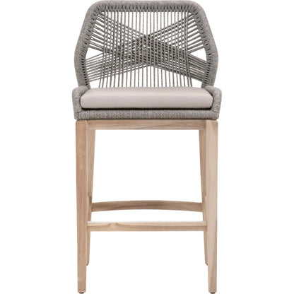 Loom Barstool by Essentials For Living in taupe, white flat rope, natural gray mahogany, pumice fabric. Made from solid mahogany, 100% olefin rope, 100% olefin fabric in a coastal style.