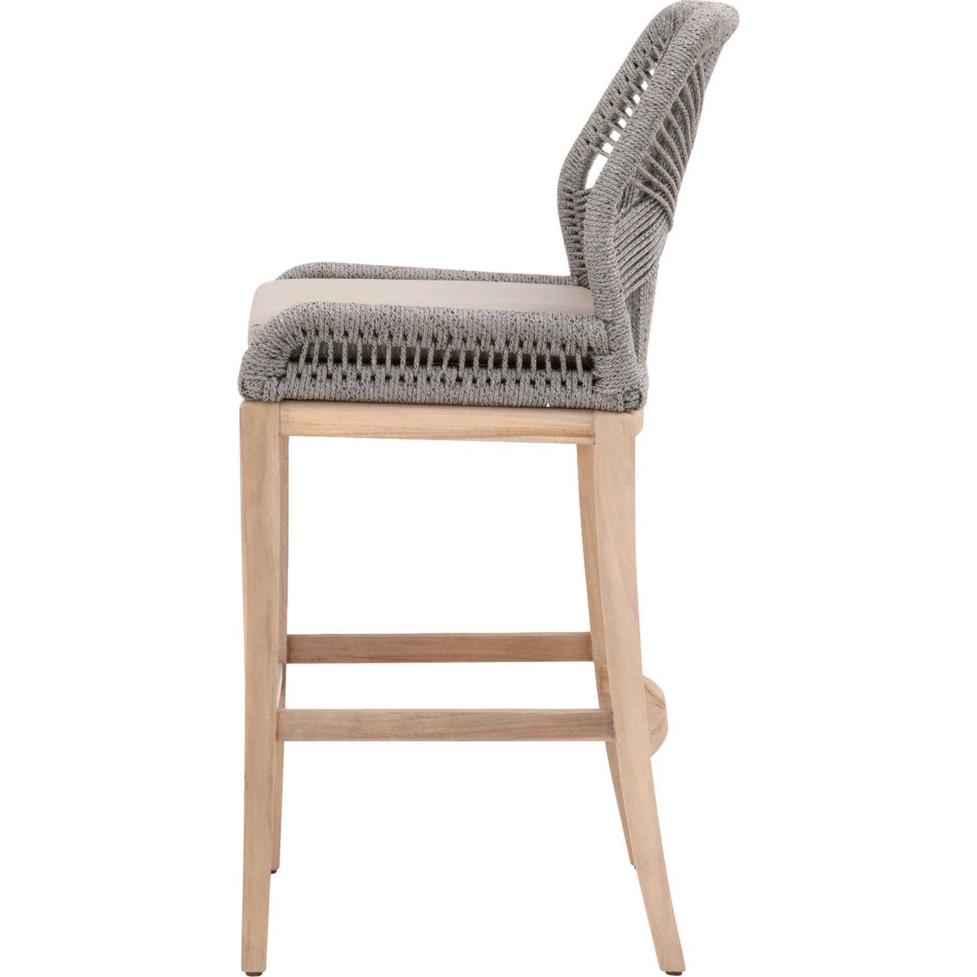 Loom Barstool by Essentials For Living in taupe, white flat rope, natural gray mahogany, pumice fabric. Made from solid mahogany, 100% olefin rope, 100% olefin fabric in a coastal style.
