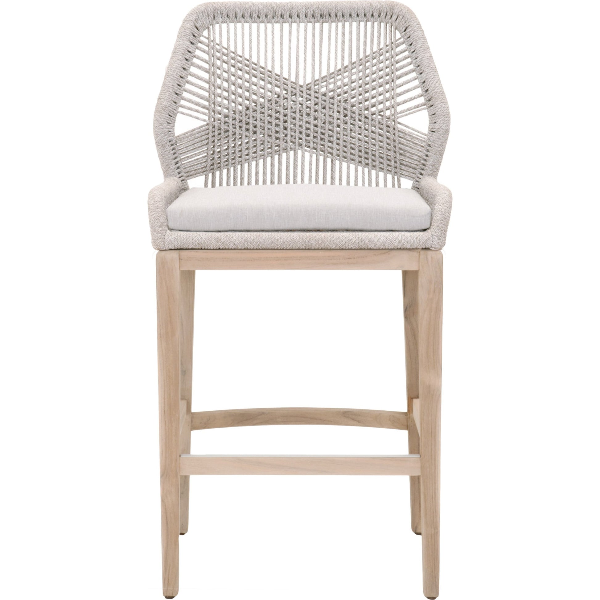 Loom Barstool by Essentials For Living in taupe, white flat rope, natural gray mahogany, pumice fabric. Made from solid mahogany, 100% olefin rope, 100% olefin fabric in a coastal style.