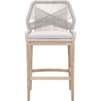 Loom Barstool by Essentials For Living in taupe, white flat rope, natural gray mahogany, pumice fabric. Made from solid mahogany, 100% olefin rope, 100% olefin fabric in a coastal style.